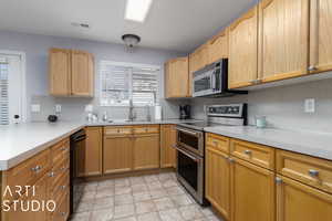 Kitchen featuring sink, kitchen peninsula, stainless steel appliances, and tasteful backsplash