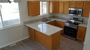 Kitchen with kitchen peninsula, sink, plenty of natural light, and appliances with stainless steel finishes