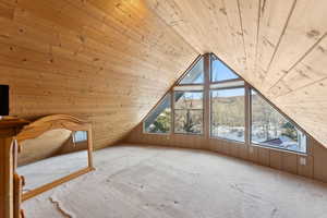 Additional living space with lofted ceiling, wooden ceiling, wooden walls, and light colored carpet