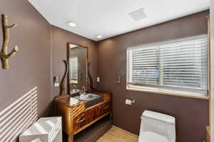 Bathroom featuring wood-type flooring, vanity, and toilet