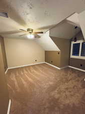 vaulted ceiling, a textured ceiling, and ceiling fan