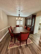 Dining room with a notable chandelier, dark hardwood / wood-style flooring, and a textured ceiling