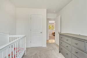 Bedroom with light carpet and a nursery area