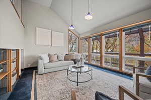 Carpeted living room featuring high vaulted ceiling