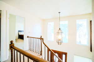 Hall with carpet flooring, a chandelier, and a healthy amount of sunlight