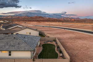 Aerial view at dusk with a mountain view