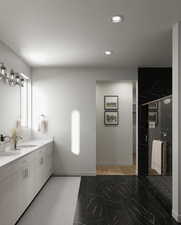 Primary bathroom with dual vanity*Rendering