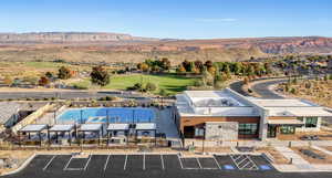 Aerial view of community clubhouse and pool