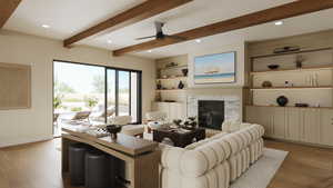 Living room with built in shelves, ceiling fan, a high end fireplace, beamed ceiling, and light wood-type flooring*Rendering