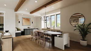 Built-in Dining space with a chandelier, beam ceiling, and hardwood / wood-style flooring*Rendering