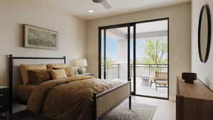 Bedroom featuring ceiling fan, light hardwood / wood-style floors, and access to private patio*Rendering