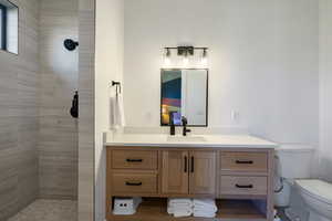 Bathroom featuring vanity, toilet, and a tile shower