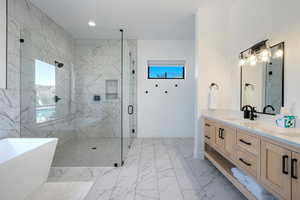 Bathroom with vanity and plus walk in shower