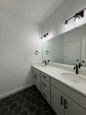 Bathroom featuring tile patterned flooring and vanity