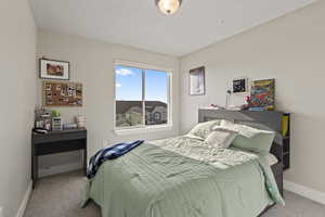 Bedroom featuring light carpet and a textured ceiling