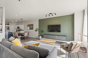 Living room with rail lighting and light hardwood / wood-style floors