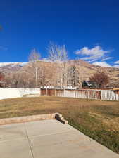 View of yard featuring a mountain view and a patio