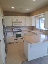 Kitchen featuring white cabinetry, sink, appliances and kitchen peninsula