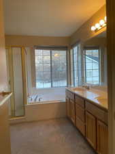 Bathroom featuring independent shower and bath and vanity