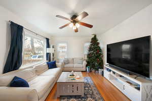 Living room with ceiling fan and light hardwood / wood-style flooring