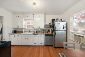 Kitchen featuring light hardwood / wood-style floors, white cabinetry, sink, and appliances with stainless steel finishes