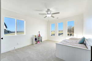 Carpeted bedroom with ceiling fan