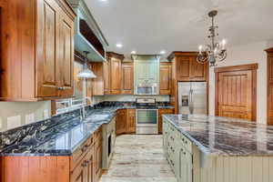 Kitchen featuring dark stone counters, sink, decorative light fixtures, a large island, and stainless steel appliances