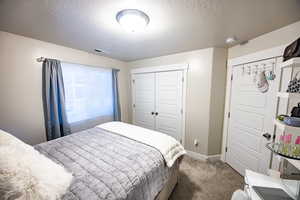 Bedroom featuring a closet, carpet floors, and a textured ceiling