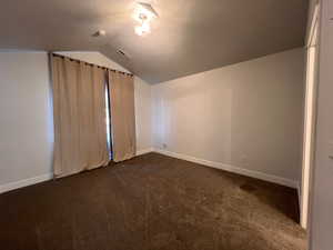 Additional living space with lofted ceiling, a textured ceiling, and dark colored carpet