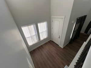 Interior space with dark hardwood / wood-style flooring and a high ceiling