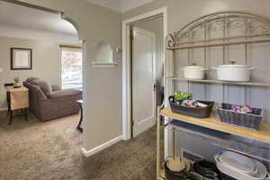 Interior space with carpet flooring and a textured ceiling