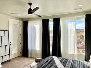 Carpeted bedroom with ceiling fan, a textured ceiling, and multiple windows