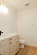 Bathroom with toilet, vanity, and hardwood / wood-style flooring