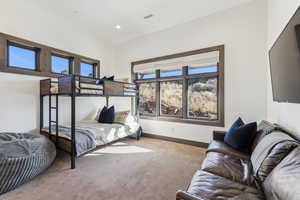 Carpeted bedroom featuring multiple windows