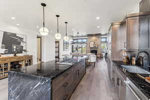 Kitchen featuring a large island, dark stone counters, a fireplace, appliances with stainless steel finishes, and light wood-type flooring