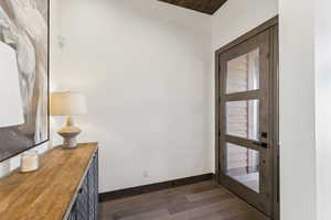 Doorway with dark hardwood / wood-style flooring