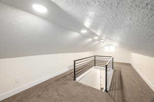 Bonus room featuring carpet, lofted ceiling, and a textured ceiling