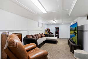 Living room with light colored carpet