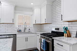 Kitchen with light stone countertops, appliances with stainless steel finishes, tasteful backsplash, sink, and white cabinetry