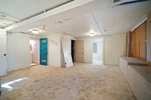 Basement with light carpet