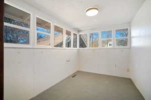 Spare room with carpet flooring, a healthy amount of sunlight, and a textured ceiling