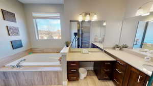 Bathroom featuring vanity and independent shower and bath