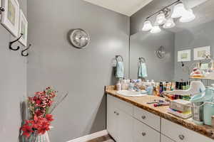 Bathroom with hardwood / wood-style floors and vanity