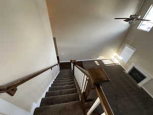 Stairs with carpet, a towering ceiling, and ceiling fan