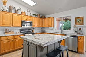 Kitchen featuring a center island, backsplash, a kitchen breakfast bar, sink, and stainless steel appliances