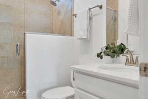 Bathroom featuring vanity, toilet, and an enclosed shower