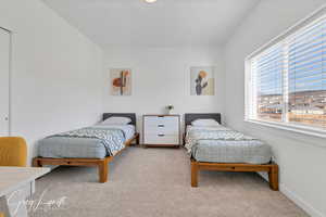 Bedroom with light carpet