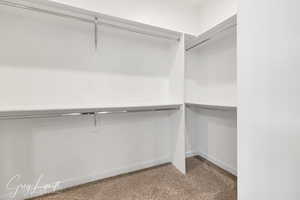 Walk in closet featuring light carpet