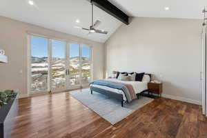 Bedroom featuring ceiling fan, hardwood / wood-style flooring, high vaulted ceiling, beamed ceiling, and a mountain view