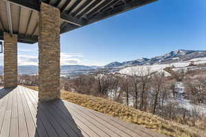 Snow covered deck with a mountain view